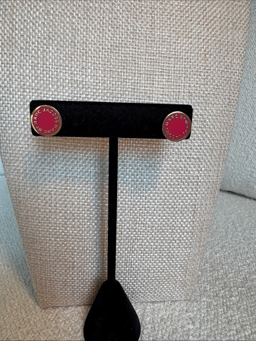 Marc Jacobs Hot Pink Enamel Logo Disc Stud Earrings